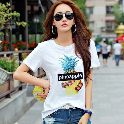 2016 New Fashion Women clothing T shirts Pineapple Letter Print t-shirt Women Top Short Sleeve Female Fruit tops 71682