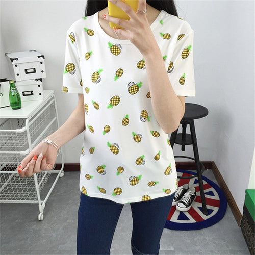 2016 New Fashion Women clothing T shirts Pineapple Letter Print t-shirt Women Top Short Sleeve Female Fruit tops 71683