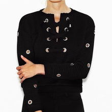 2016 New Fashion Womens Autumn Long Sleeved Lacing Up Bandage Women Pullovers Tops Black Women Girls Clothing camisas femininas