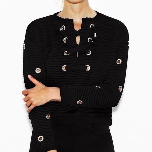 2016 New Fashion Womens Autumn Long Sleeved Lacing Up Bandage Women Pullovers Tops Black Women Girls Clothing camisas femininas