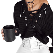 2016 New Fashion Womens Autumn Long Sleeved Lacing Up Bandage Women Pullovers Tops Black Women Girls Clothing camisas femininas
