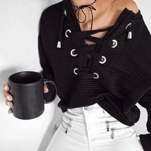 2016 New Fashion Womens Autumn Long Sleeved Lacing Up Bandage Women Pullovers Tops Black Women Girls Clothing camisas femininas