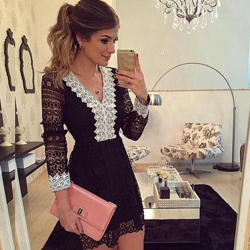 2016 New Fashion autumn Korean Style Women Sexy Lace Dress Solid Long Sleeve Ladies Dresses Black Color Women Patry dresses