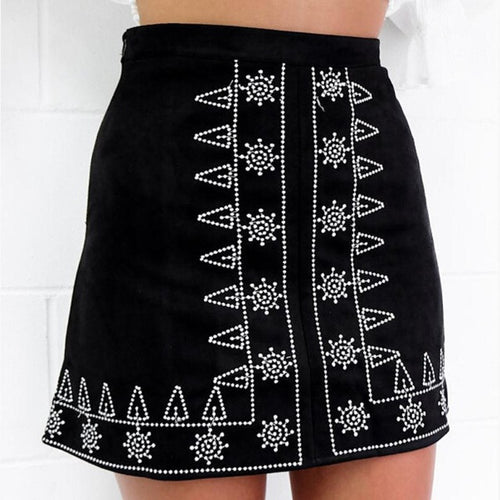 2016 New FashionWomen Empire High Waist Embroidery Tube Suede Mini Skirt Women Black Brown Pencil Bodycon Skirts #1122Saia