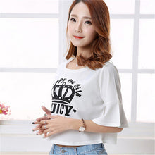 2016 New Half Flare Sleeve T-shirts Plus Size Female Letter Crown Print T shirts Chiffon Crop Top O-neck Women t shirt 71116