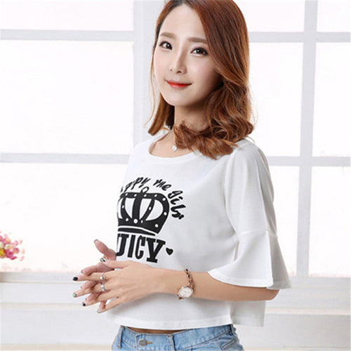 2016 New Half Flare Sleeve T-shirts Plus Size Female Letter Crown Print T shirts Chiffon Crop Top O-neck Women t shirt 71116