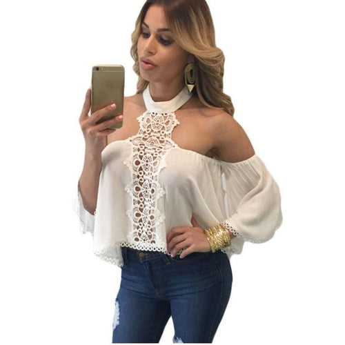 2016 New Hot Off Shoulder Chiffon Shirt Women Sexy Lace Backless Long Sleeve Autumn Casual Loose Tops Ladies Blouse Blousa
