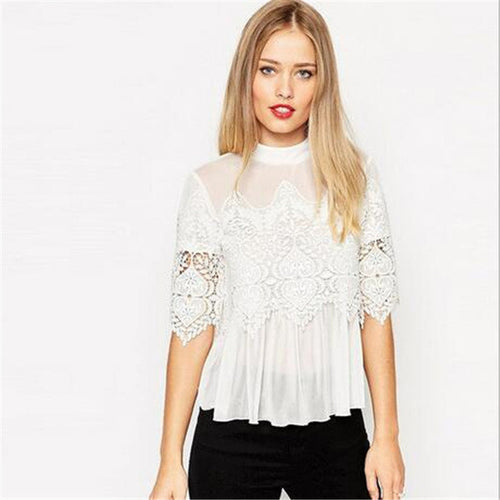 2016 New Hot Sale Women Blouse Stand 3/4 Tee Shirt Chiffon Casual Blouses Lace Fashion Plus Size Blusas 70656