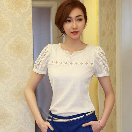 2016 New Hot Selling Casual Lace Blusas Elegant Ladies' V-Neck Doll Chiffon Shirts&Blouse Summer Short Sleeve Tops Camisas S-XXL