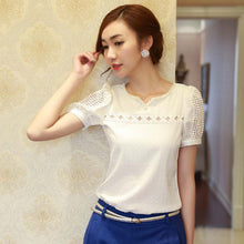 2016 New Hot Selling Casual Lace Blusas Elegant Ladies' V-Neck Doll Chiffon Shirts&Blouse Summer Short Sleeve Tops Camisas S-XXL
