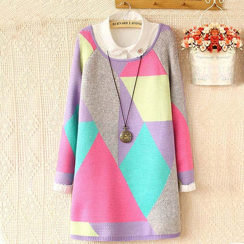 2016 New O-Neck Autumn Women Sweater Long Sleeve Pullovers Knitting Fashion Long Patchwork Outwear 71649
