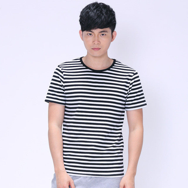 2016 New Plus Size S-3XL T Shirt Black and White Men Short-sleeved O- Neck T-shirt Stripped t Shirt Tops 70405