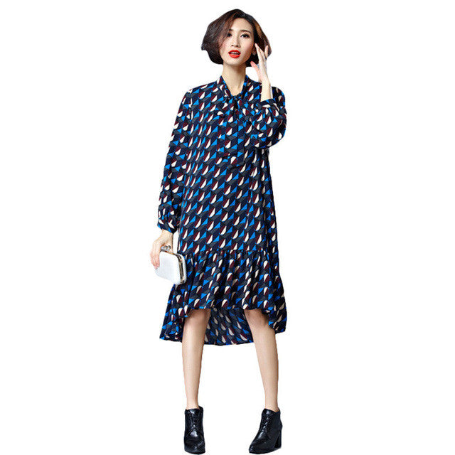 2016 New Plus Size Vestidos Trumpet Mermaid Geometric Mid-Calf dress Brief Full Sleeve Bow Women Dresses 70787