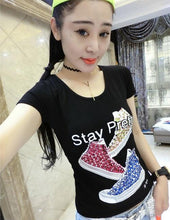 2016 New Plus Size Women T Shirt Fashion Letter Print O Neck Short Sleeve Women Wild T-shirt Diamonds Shoes Women Tops 71245