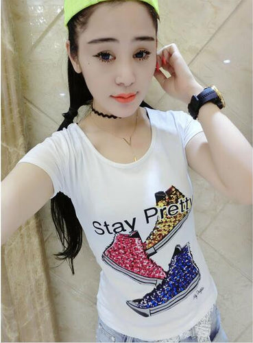2016 New Plus Size Women T Shirt Fashion Letter Print O Neck Short Sleeve Women Wild T-shirt Diamonds Shoes Women Tops 71245