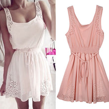 2016 New Sexy Womens Dresses Slim Sleeveless Hollow White Women Summer Dress Lady 2 Color Chiffon Mini Dresses Vestidos casual