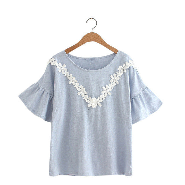 2016 New Short Flare Sleeve T-shirts Plus Size Female Patchwork T shirts Top Women t shirt 71108