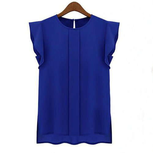 2016 New Short Sleeve Chiffon Round O Neck Ruffle Solid Loose Shirt Tops Blouse s-2XL Plus Size Women Blusas70687