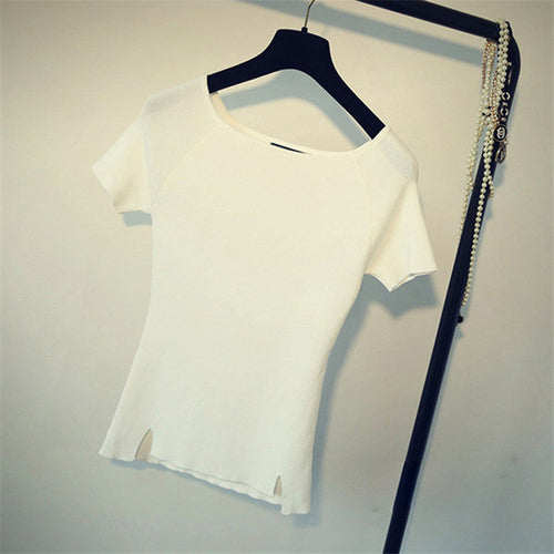 2016 New Short Sleeve T-shirts Plus Size Female Stripped T shirts Top Slash-neck Women Knitted t shirt 71294
