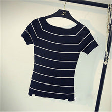2016 New Short Sleeve T-shirts Plus Size Female Stripped T shirts Top Slash-neck Women Knitted t shirt 71294
