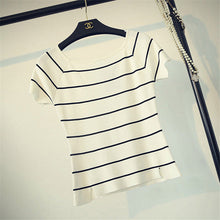 2016 New Short Sleeve T-shirts Plus Size Female Stripped T shirts Top Slash-neck Women Knitted t shirt 71294