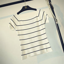 2016 New Short Sleeve T-shirts Plus Size Female Stripped T shirts Top Slash-neck Women Knitted t shirt 71294