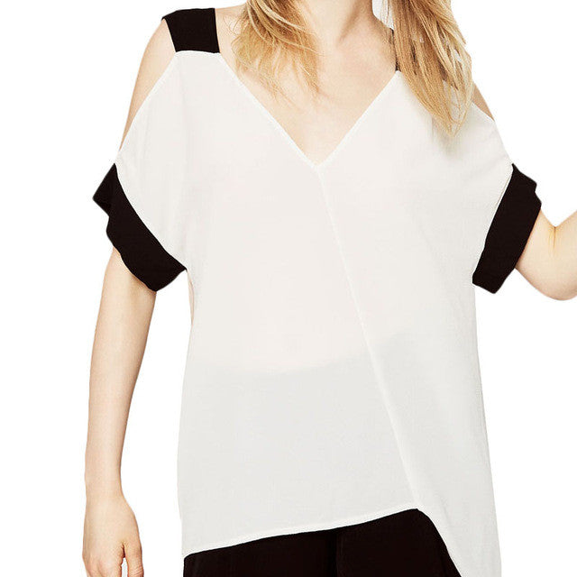 2016 New Sleeveless T-shirts Plus Size Female Patchwork T shirts Top Deep V-neck Women Chiffon t shirt 71132