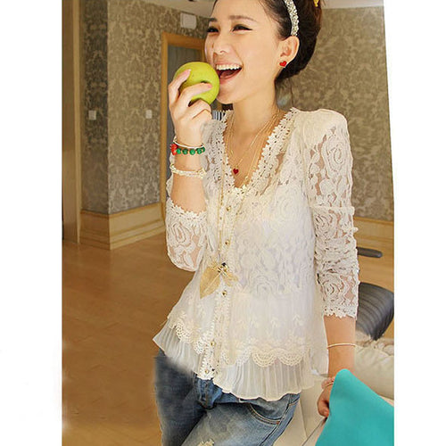 2016 New Spring Summer Women Lace Blusas LongSleeve V-neck Ladies Blouses Casual Chiffon Shirts Blouses Tops Camisas Femininas
