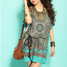 2016 New Summer Retro Women Dress Loose Robe Ethnic Vestidos Print Boho Short Batwing Sleeve Design Mini Casual Dress Women