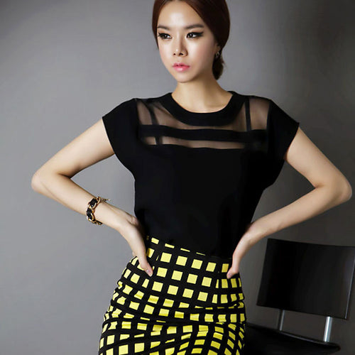 2016 New Summer Women Black Tulle Sheer Blouses Shirts Ladies Tops Chiffon Blouse Short Hollow Out M-XXL Plus Size