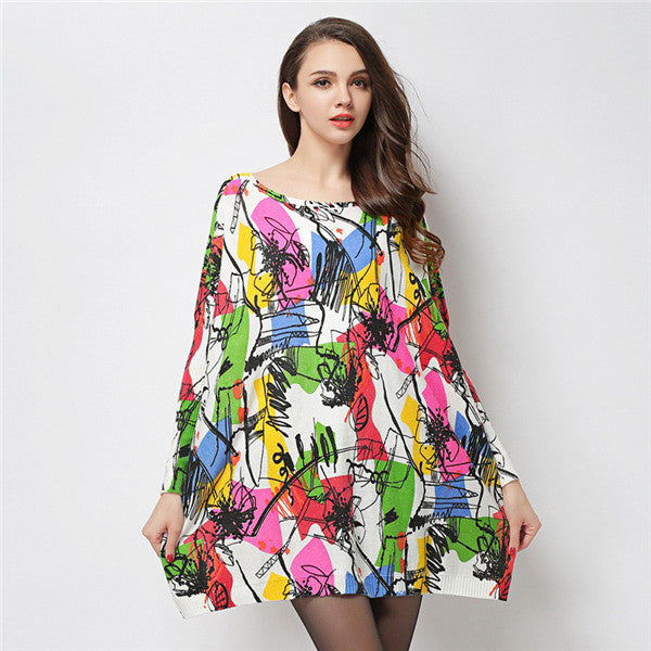 2016 New Sweater Women Plus Size Pullover Medium-long Carton Print Woman O-neck Full Sleeve Loose Sweater 71585