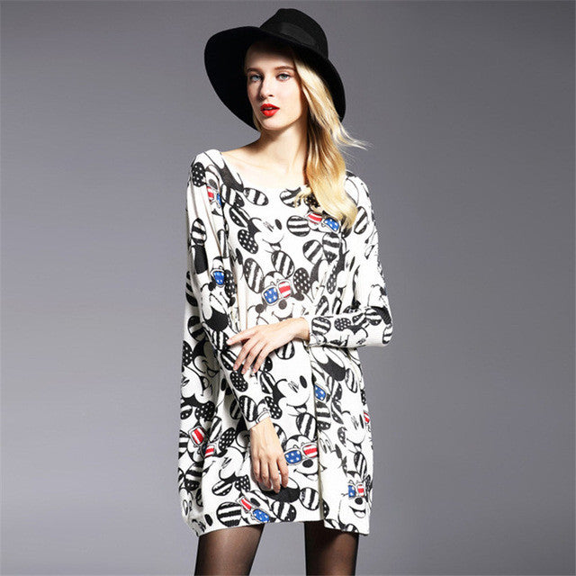 2016 New Sweater Women Plus Size Pullover Medium-long Carton Print Woman O-neck Full Sleeve Loose Sweater 71761