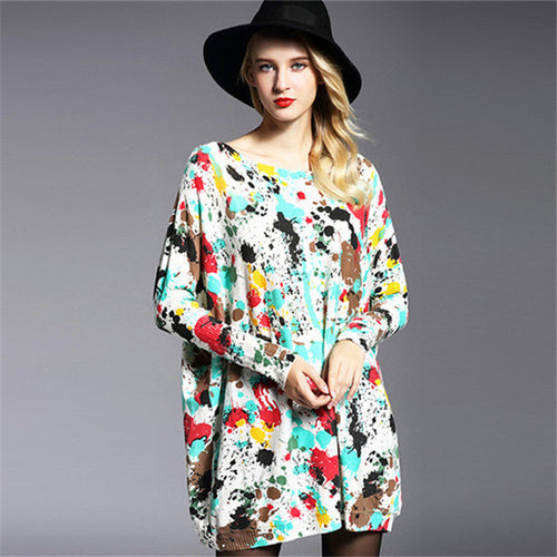 2016 New Sweater Women Plus Size Pullover Medium-long Print Woman O-neck Full Sleeve Loose Sweater 71776