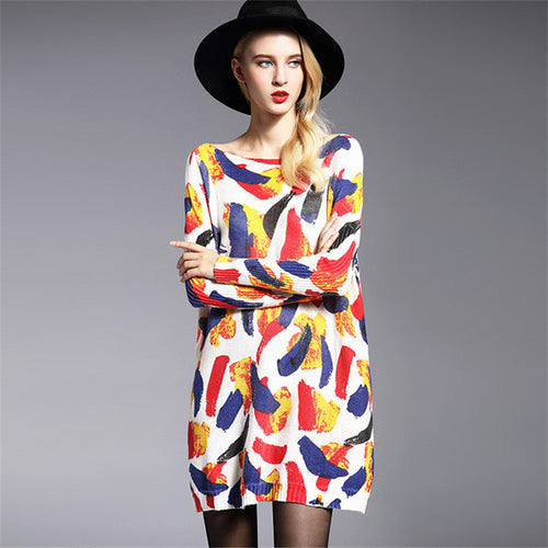 2016 New Sweater Women Plus Size Pullover Medium-long Print Woman O-neck Full Sleeve Loose Sweater 71777