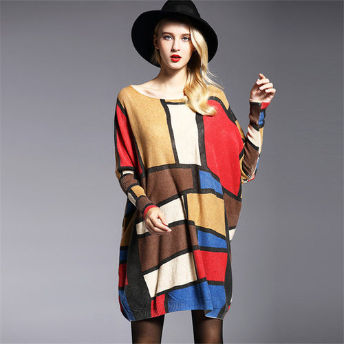 2016 New Sweater Women Plus Size Pullover Medium-long Print Woman O-neck Full Sleeve Loose Sweater 71773