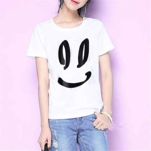 2016 New T Shirt Women Short Sleeve Casual O-Neck Tee Tops Female Smile Print T-shirt Plus Size 70645