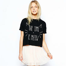 2016 New T Shirts Women Letter The Time is Meow Cute Short T-Shirt Tops High Street Casual Plus Size Women Clothing 70539