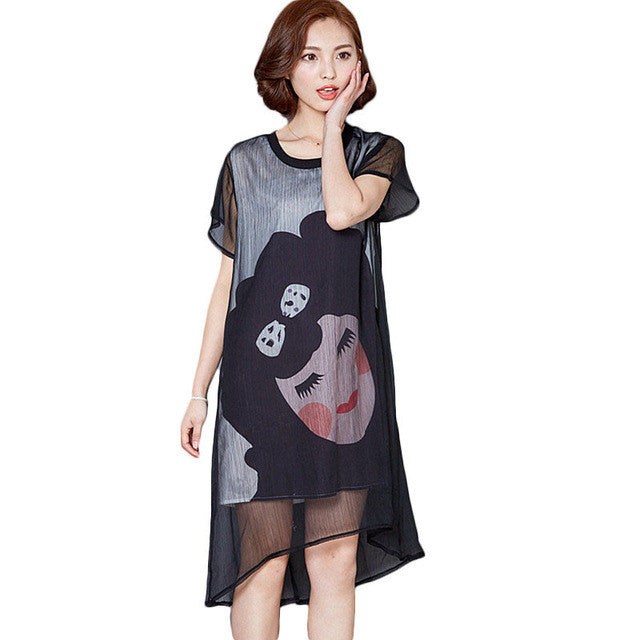 2016 New Vestidos Plus Size Straight Knee-Length Dress Brief Short Sleeve O-neck Women Carton Print Dresses 70955