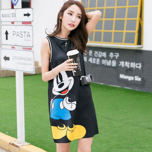 2016 New Vestidos Plus Size Straight Knee-Length Dress Straight Sleeveless Carton Print O-neck Women Dresses 71498