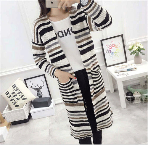 2016 New Winter Cardigans Women Fashion Long Sweater Casual Long Sleeve O-neck Stripped Knitting Woman Sweaters 71697