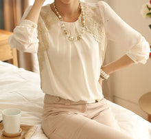 2016 New Women Casual Blouse Elegant OL Ladies' LongSleeve Work Chiffon Blouse Sheer Lace Tops Shirt Blouse White