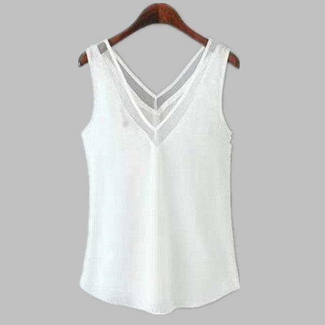 2016 New Women Plus Size Chiffon Tank Tops Deep V-neck Sleeveless Lace Casual Fashion Patchwork Hot Sale Tops 70450