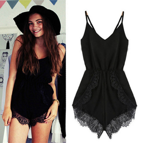 2016 New Women Strap Sleeveless Lace Chiffon Party Jumpsuit Rompers Playsuit White Black #3546