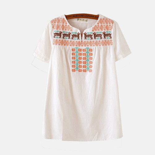 2016 New Women T shirt Cotton and Linen Embroidery Print T-shirt Women O-neck Top Short Sleeve Female tops 70886