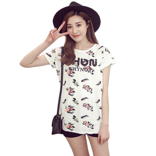 2016 New Women T shirt Cotton and Linen Floral Print t-shirt Women O-neck Top Short Sleeve Female tops 70890