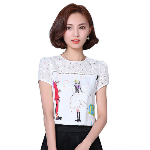 2016 New Women T shirt Embroidery Print T-shirt Women O-neck Top Chiffon Short Sleeve Female tops 70881