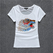 2016 New Women T shirts Animal Print T-shirt Woman O-neck Top Short Sleeve Diamond Bling Female Lace Plus Size t shirt 72121