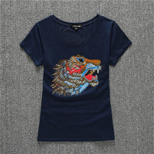 2016 New Women T shirts Animal Print T-shirt Woman O-neck Top Short Sleeve Diamond Bling Female Lace Plus Size t shirt 72121