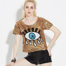 2016 New Women T shirts Eye Print t-shirt Woman O-neck Crop Top Short Sleeve Sequined Bling Short Female Plus Size t shirt 72131