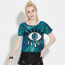 2016 New Women T shirts Eye Print t-shirt Woman O-neck Crop Top Short Sleeve Sequined Bling Short Female Plus Size t shirt 72131